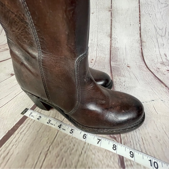 FRYE Sabrina brown leather block heel round toe campus mid boots, size 6.5 - Picture 14 of 15